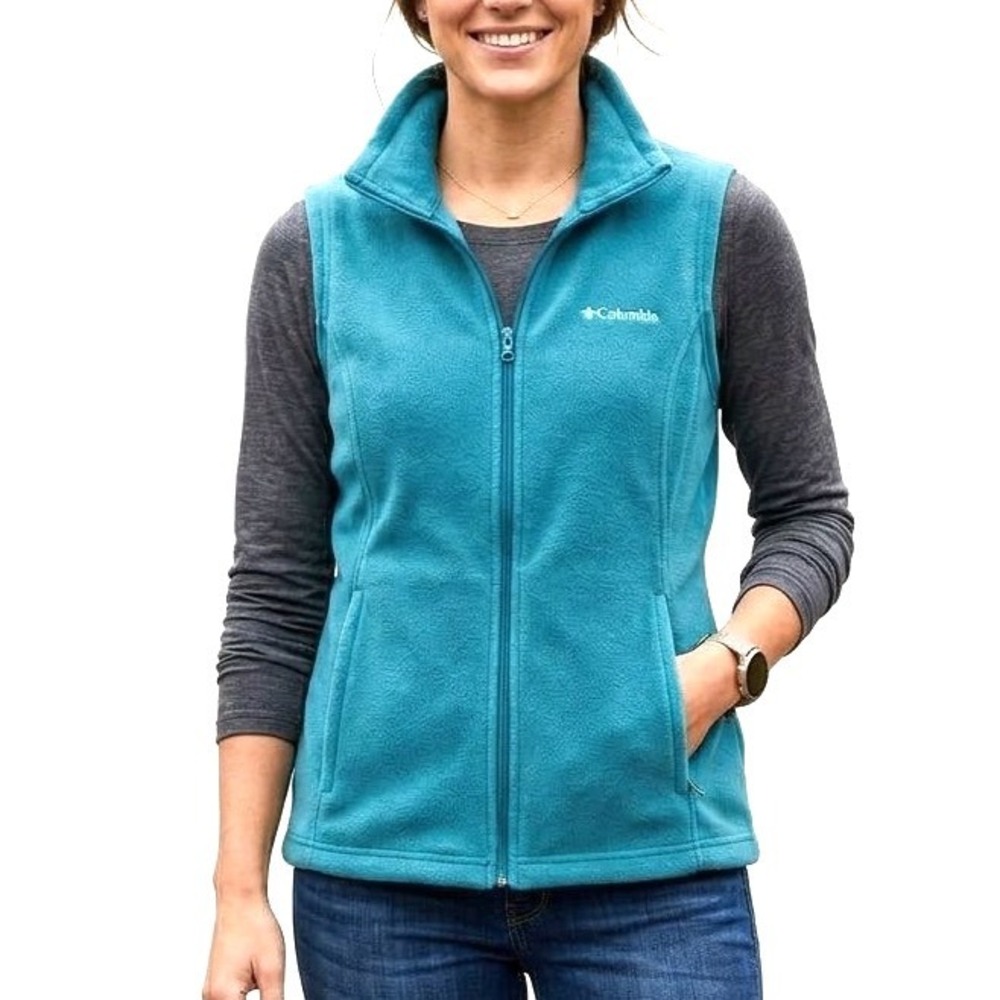 COLUMBIA Sleeveless BENTON SPRINGS FLEECE Full-Zip POCKETS Turquoise Blue Sz L